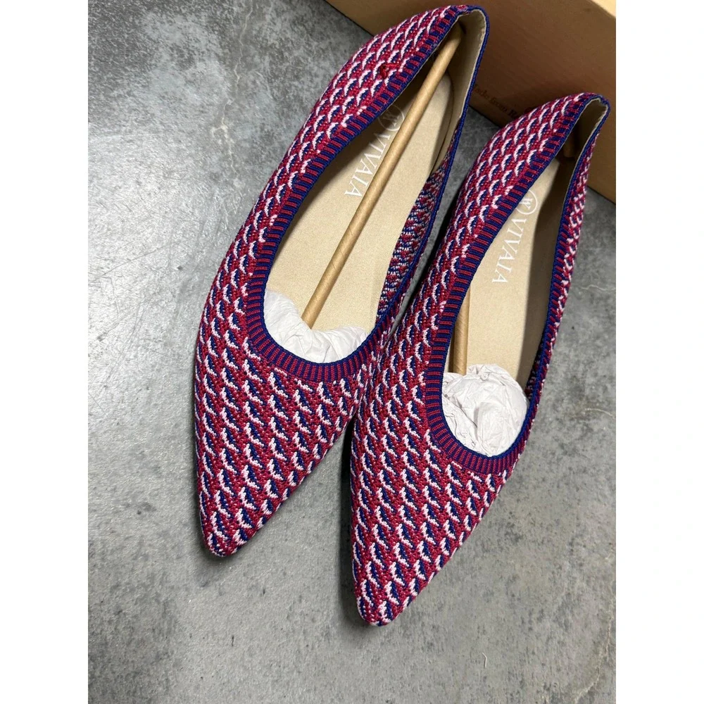 VIVAIA Aria Pointed Toe‎ Knit Flats Red Blue White Geometric Women Shoes US/ 9.5